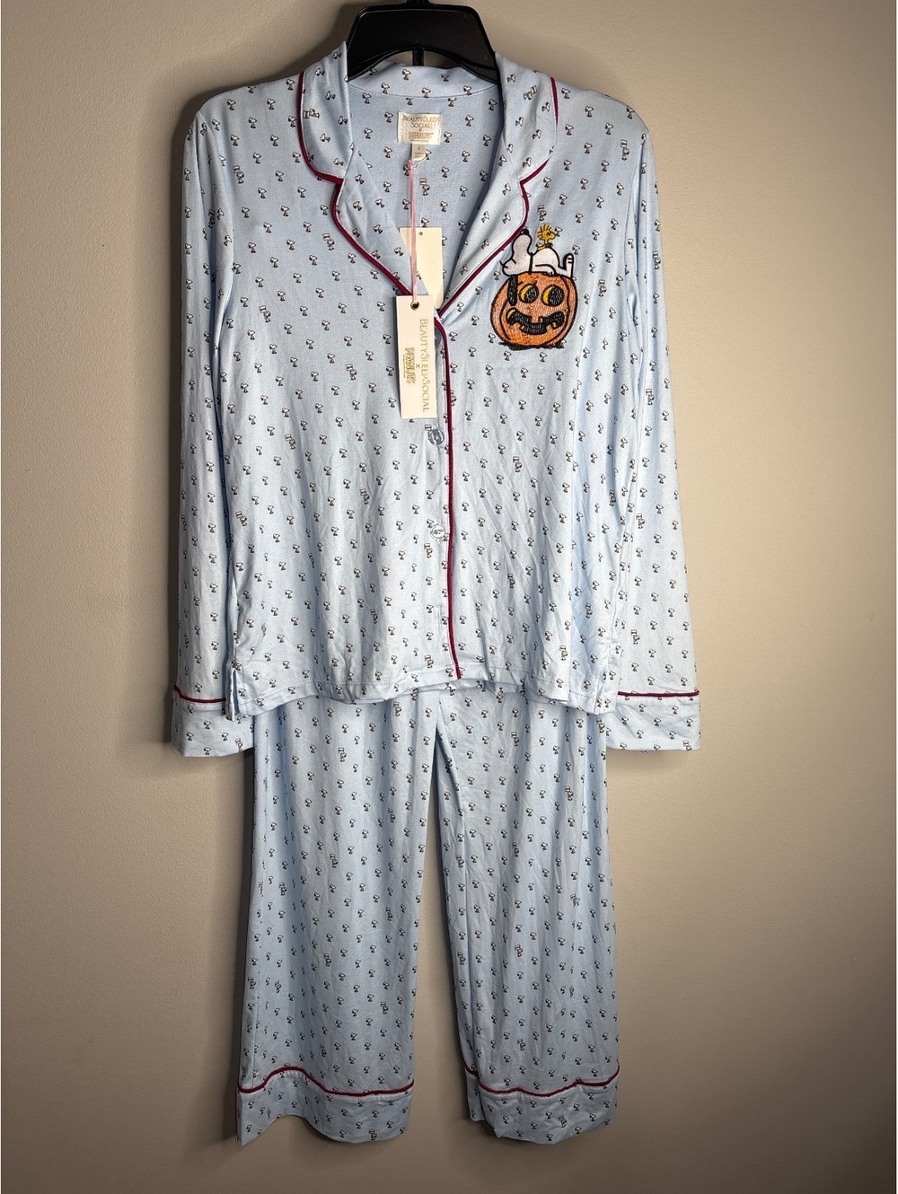 Beauty Sleep Social Light Blue Halloween Pumpkin Pajama Set Size S